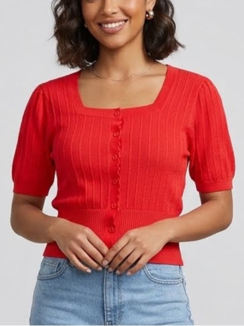 Curlbiuty Red Knit Cardigan Top Short Sleeve Square Neck Cottagecore XL NWOT